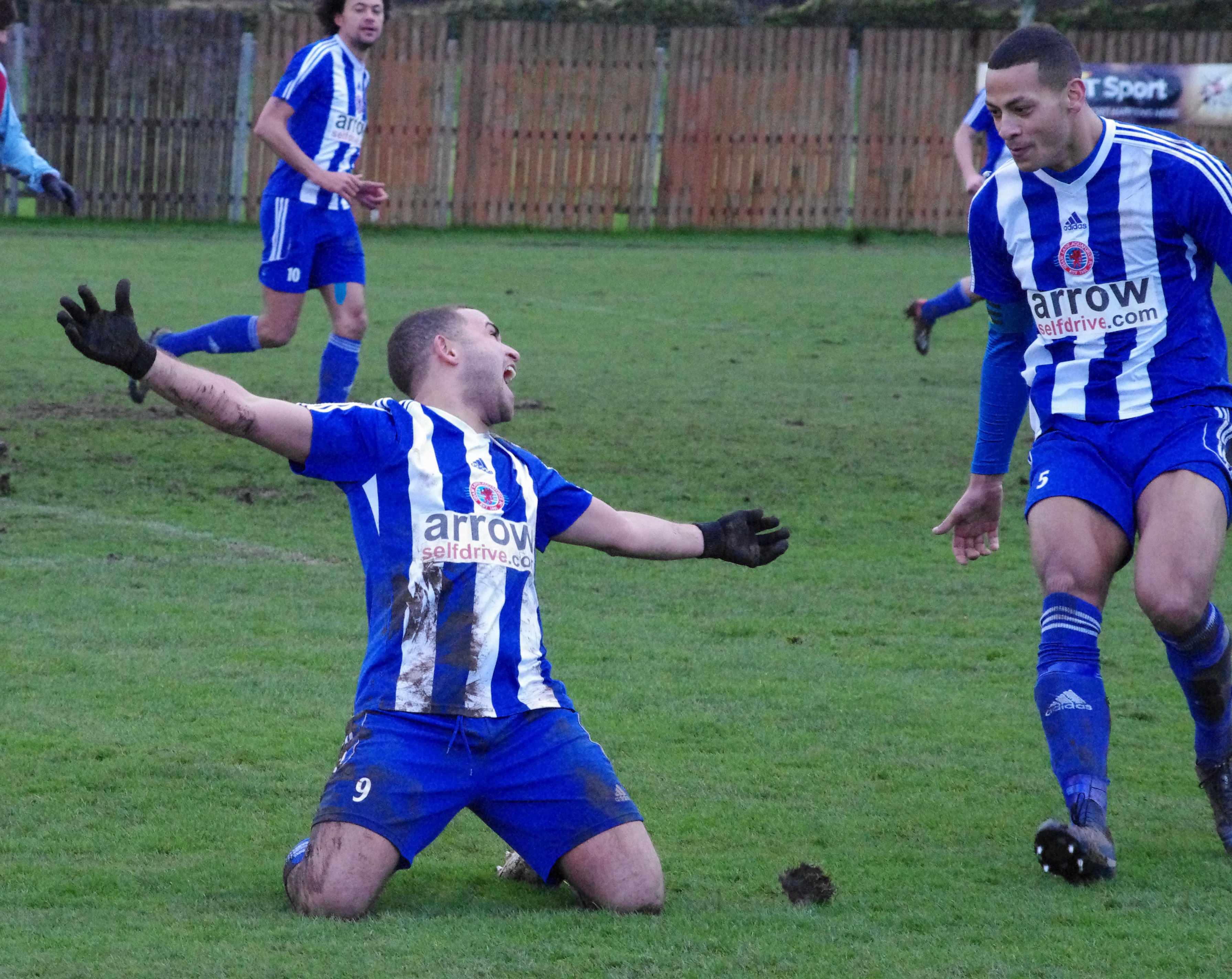 Former AFC Emley striker Ashley Flynn celebrates his second goal for Shaw Lane Aquaforce. Flynn was later sent off in his side's 3-2 defeat. 