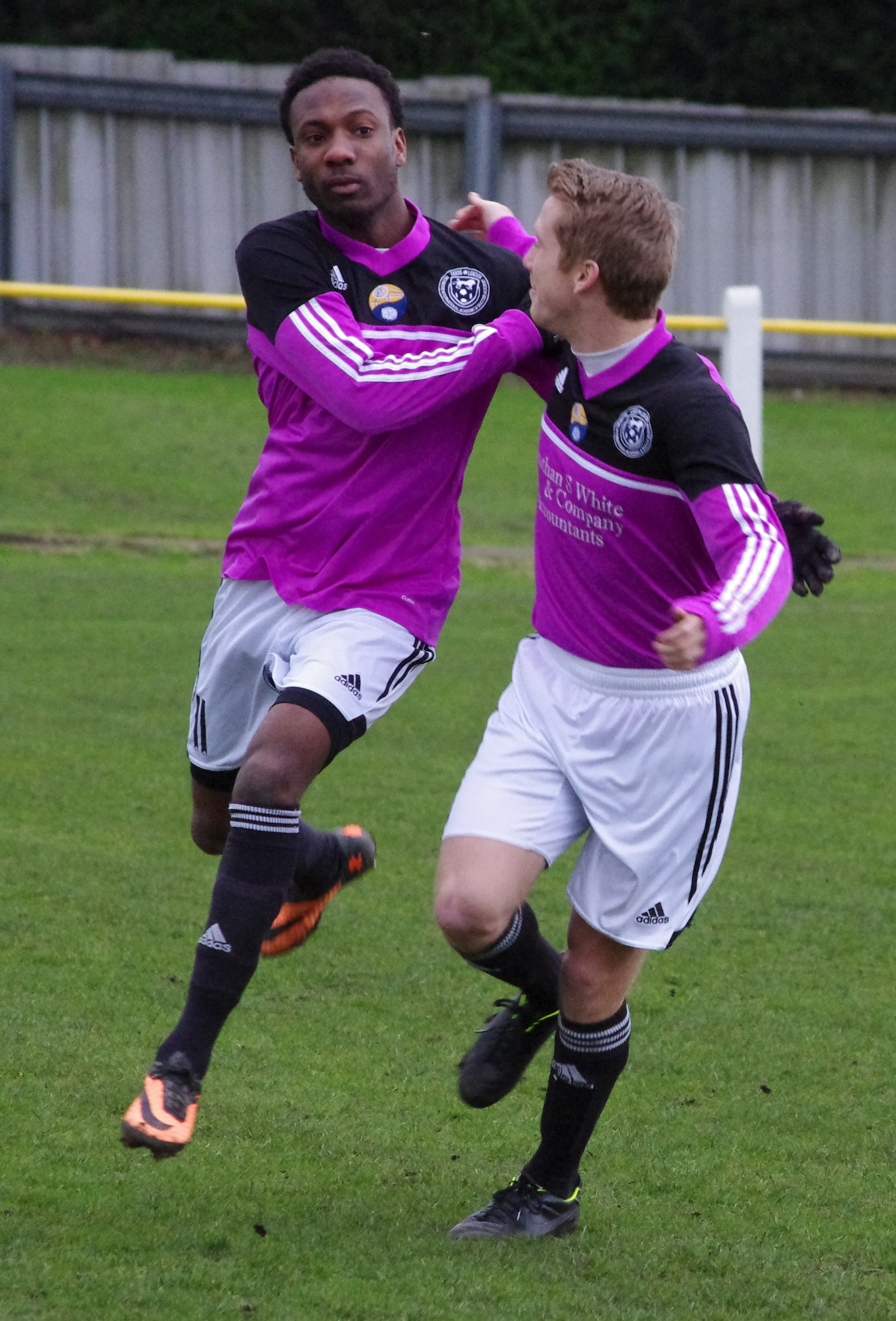 Logan McDaniel (right) congratulates C J Lyle on his opening goal at Tadcaster