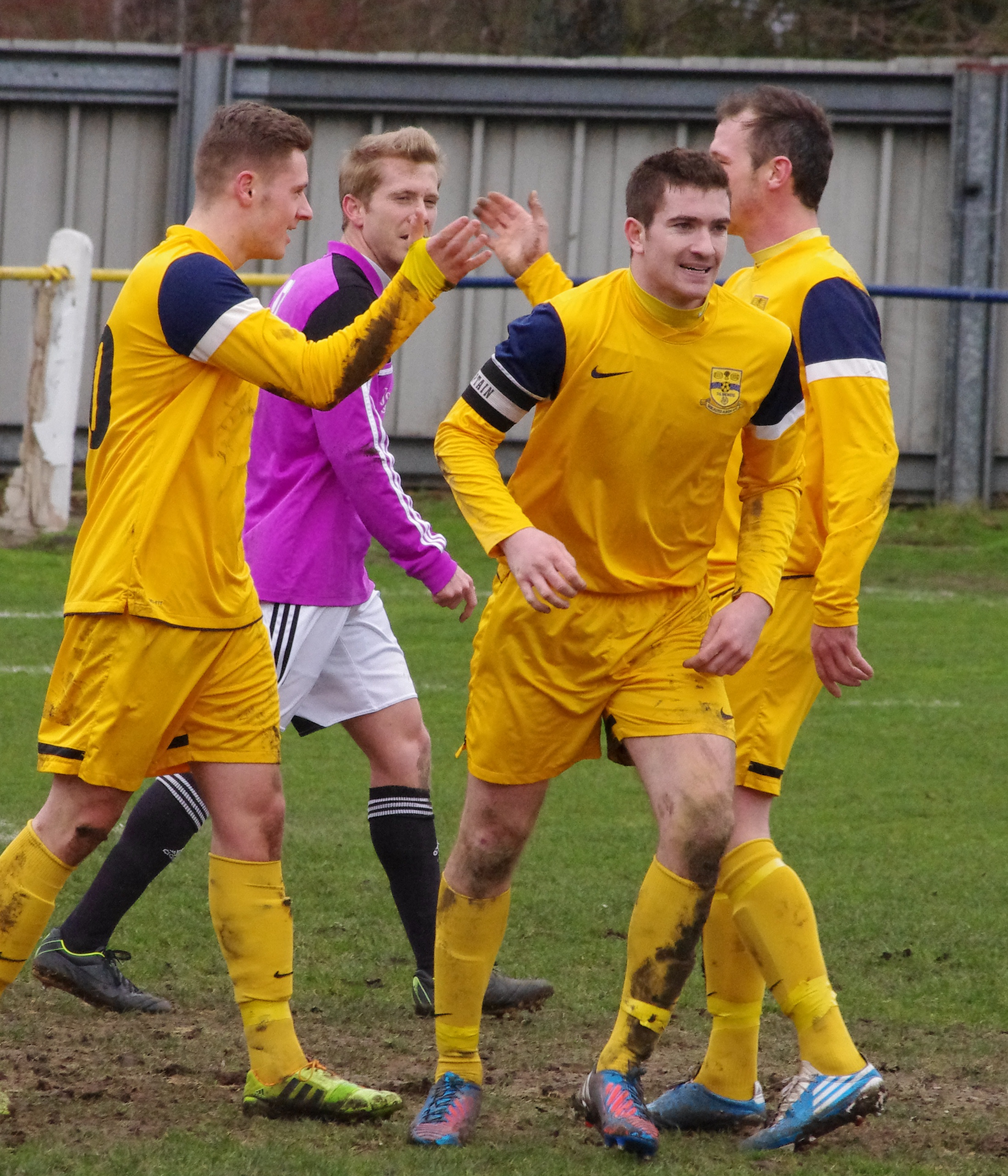 Danny Critchlow (left) celebrates his goal for Tadcaster Albion in the 4-1 win over Garforth Town