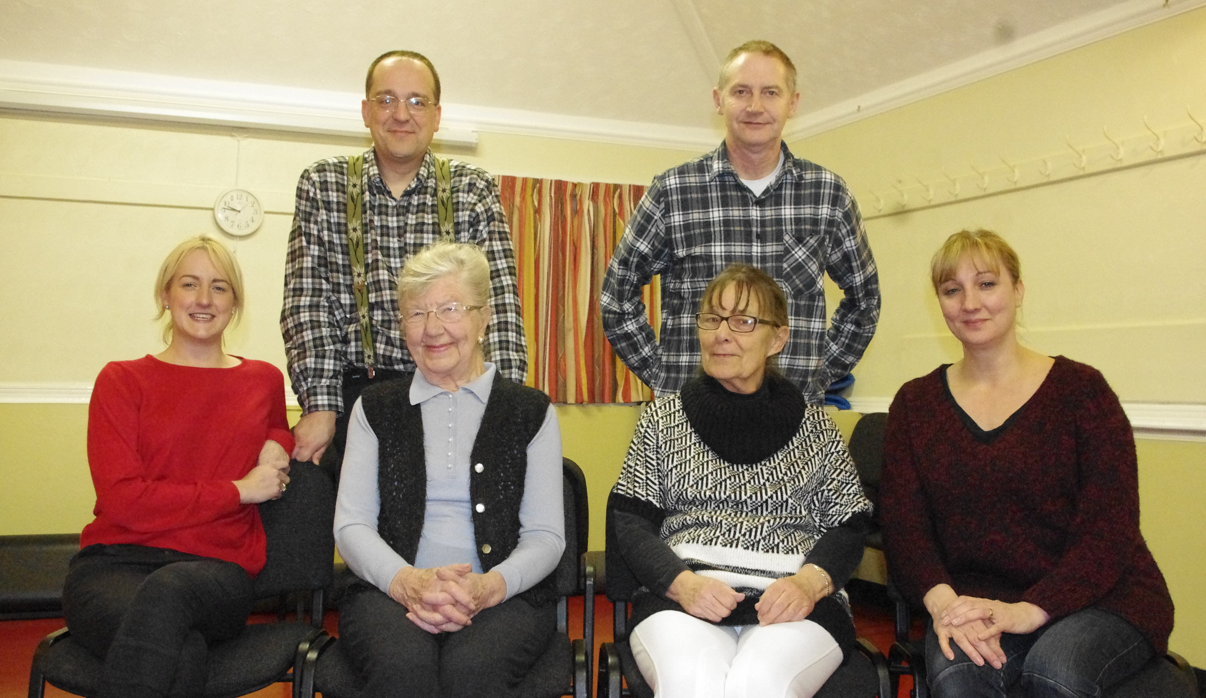 The cast and director of 'Look Who's Talking (from left to right)':  Front Row: Stephanie Selwood, Pat Toes (director), Anne Rhodes, Anita Rushforth. Back Row: David Battersby and Martyn Drake