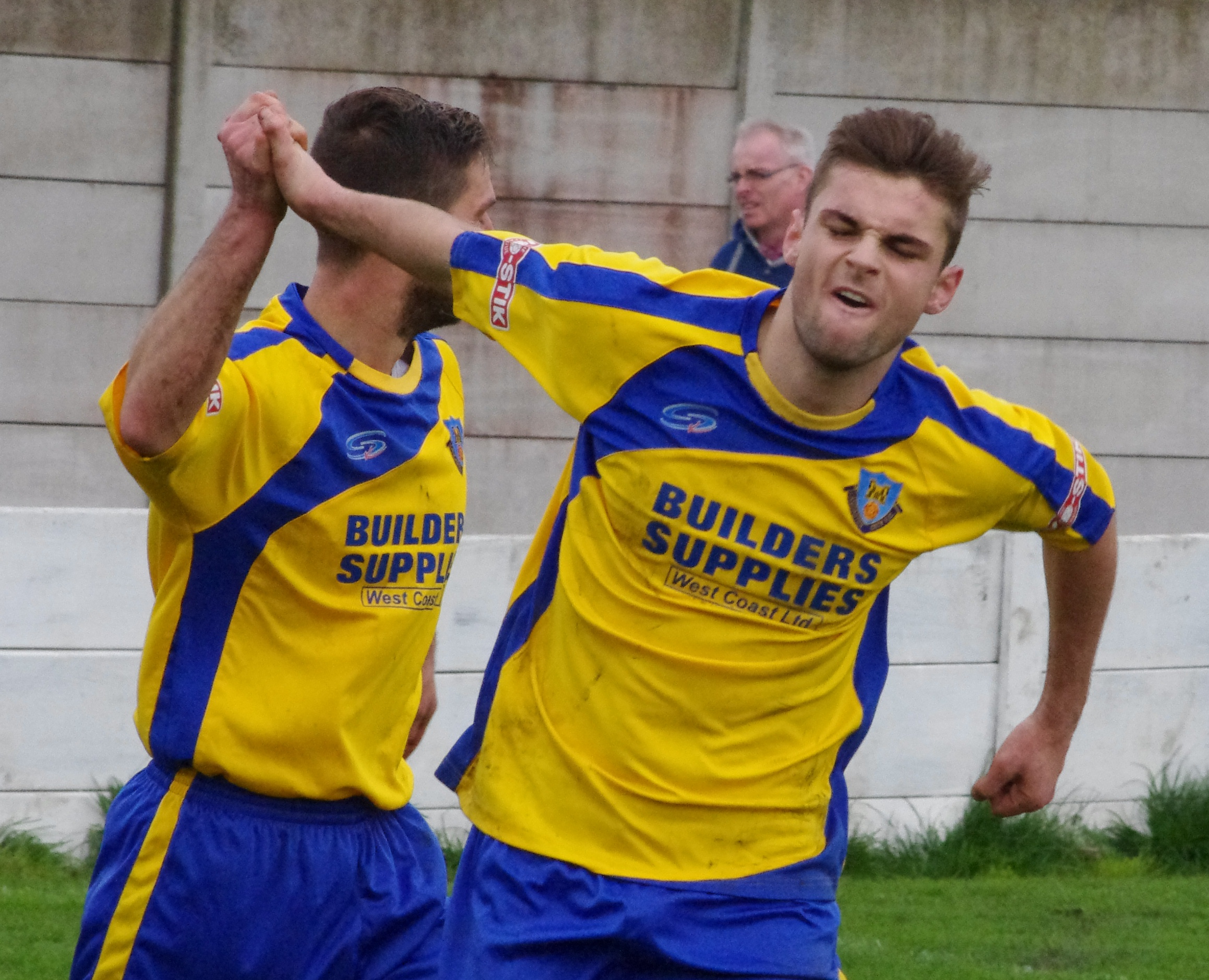 Tom Kilifin looks delighted after his magnificent second goal for Lancaster at Ossett Town