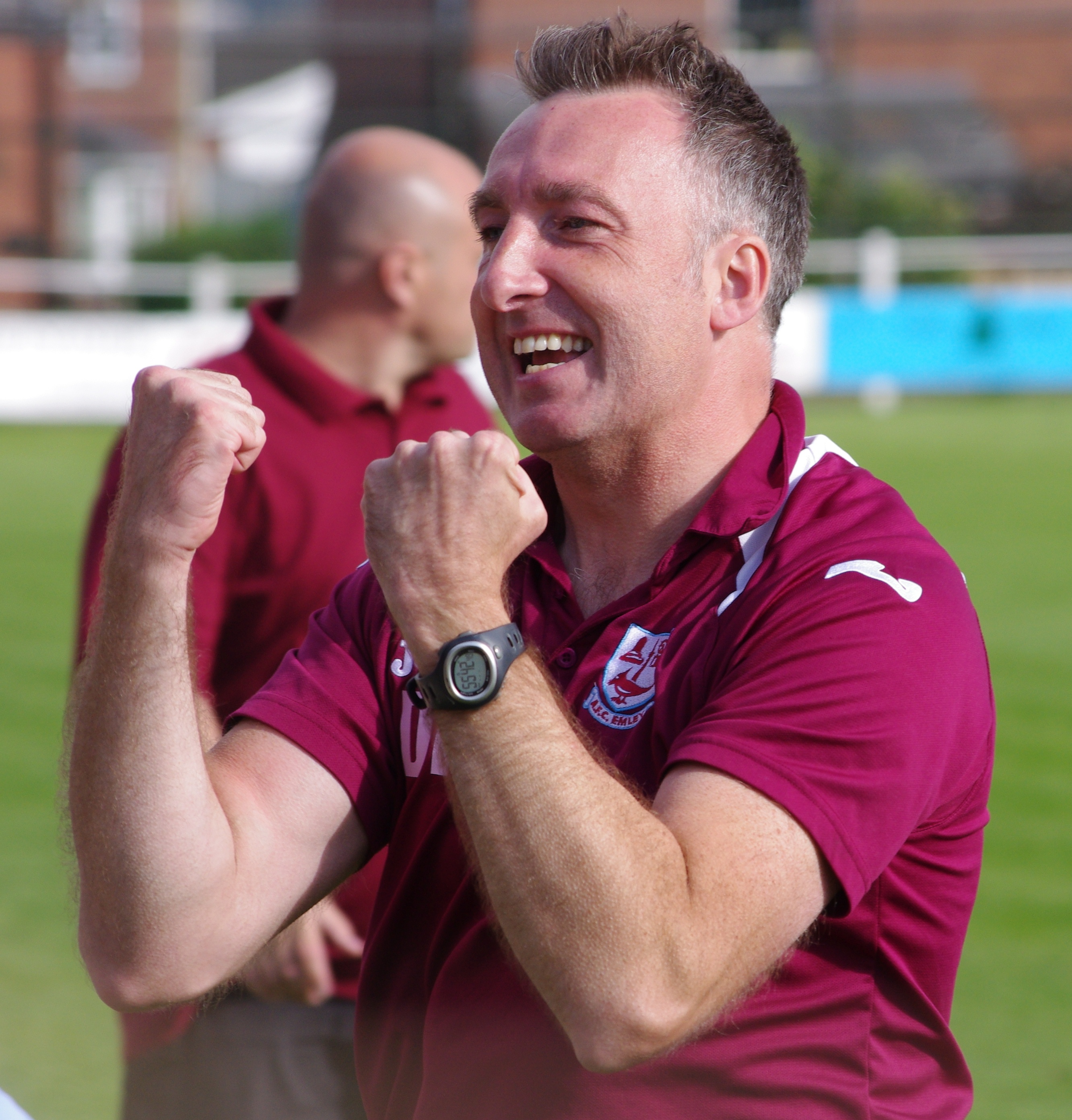 AFC Emley boss Darren Hepworth celebrating last year's incredible 3-2 win over Wigan Robin Park in the FA Cup Extra Preliminary Round