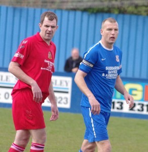 Lee Connor, pictured right, during his final game before retirement in April 2012, ironically against Ossett Town for Farsley AFC. Connor put Ossett in front against Scarborough