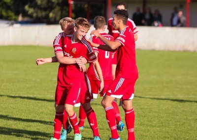 Ossett Town celebrate Calum Hepworth's 30-yard screamer. Photo: Mark Gledhill