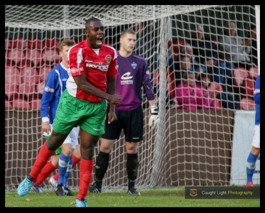 Malachi Farquarson celebrates his goal for Harrogate Railway