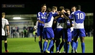 Harrogate Railway celebrating Rob Youhill's stunning equalising goal. Photo: Caught Light Photography