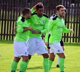 Antony Brown celebrates his goal in AFC Emley's 2-0 success over Widnes in the FA Vase