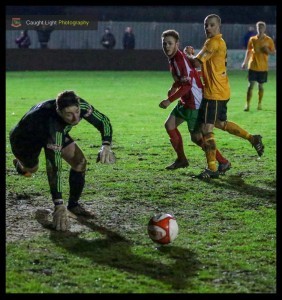 Hero of the hour: Nathan Cartman watches as his back-heeled winner finds the net for Harrogate Railway. Photo: Caught Light Photography