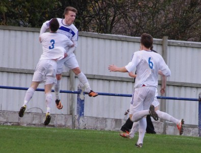 Hemsworth Miners Welfare celebrate Nick Guest's opening goal in the 3-1 win at Pontefract Collieries