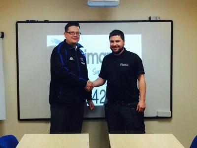 Hall Road Rangers chairman Darren Sunley (left) welcomes Martin Thacker back to the club