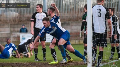 Steve Bromley celebrates scoring the winner for Harrogate Railway at Bamber Bridge