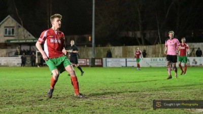 Askham Bryan College student Dan Hickey scores his first goal for Harrogate Railway. Photo: Caught Light Photography