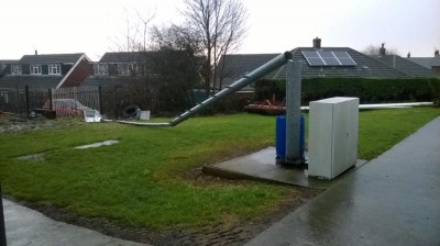 The collapsed floodlight at AFC Emley earlier this week