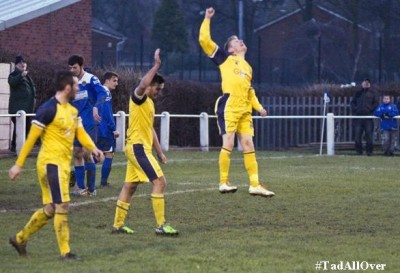 David Brown leaps to the air after scoring Tadcaster's second goal. Picture: Ian Parker