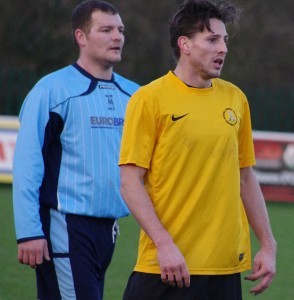 Brunt parried the header and Nostell's Simon Poole (right) hit the post with the rebound attempt