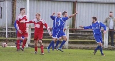 Pontefract celebrate Luke Forgione's goal which put them into a 2-0 lead at Selby