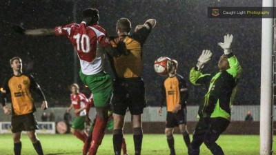 Returning striker Lamin Colley levels for Harrogate Railway. Picture: Caught Light Photography