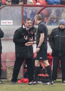 Former Scarborough Athletic boss Rudy Funk argues with referee Antony Tankard