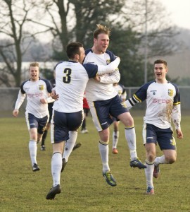 We're on the march to Wembley: Tadcaster celebrate George Bissett's goal which put them 3-0 up at AFC Mansfield. Photo: Ian Parker