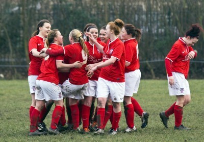 York City celebrate Ali Smith's injury time winner in the 2-1 victory at Castleford White Rose. Picture: Ian Parker.