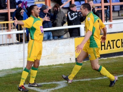 Jason St Juste celebrates putting North Ferriby United 2-0 in front during the FA Trophy semi-final first leg with Bath City. Picture: John Rudkin