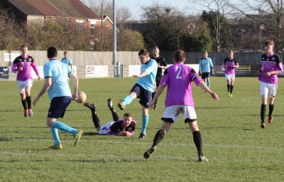 Brad Ricketts' superb strike puts Barton Town Old Boys in front against Garforth Town. Picture: Steve Hope