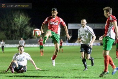 Vincent Dhesi in action during Harrogate Railway's 2-2 draw with Mossley. Picture: Caught Light Photography