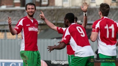 Leader of the orchestra: Matt Heath celebrates scoring for Harrogate Railway. Picture: Caught Light Photography