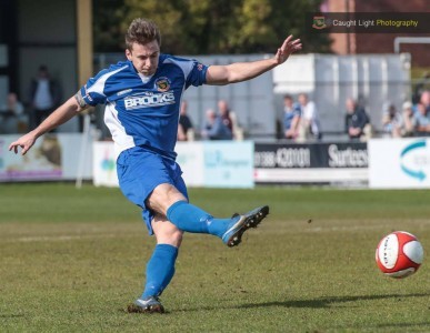 Adam Baker fires Harrogate Railway ahead in their 3-1 win at Spennymoor. Picture: Caught Light Photography