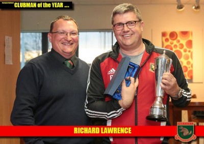 Richard Lawrence collects his clubman of the year award from chairman Nigel Corner. Picture: Caught Light Photography