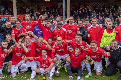 Salford celebrate winning the Evo Stik Division One North title. Picture: Mark Gledhill