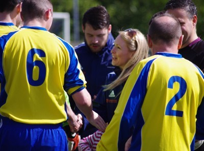 Emmerdale star Michelle Hardwick shakes hands before the game