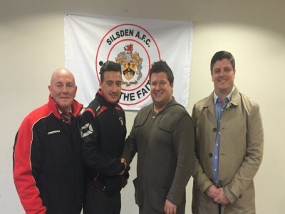 Danny Nichols with Silsden joint manager Danny Bolton, vice chairman John Lohan and operations director James Ferguson