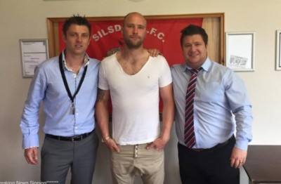 New Silsden signing Luke Richardson (centre) with joint managers Ryan Haigh (left) and Danny Bolton (right)