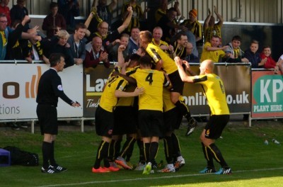 Harrogate Town celebrate Dominic Knowles' dramatic injury-time winner. Picture: Craig Hurle