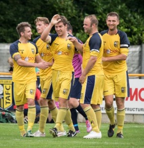 Tadcaster celebrate one of their goals in the 5-0 victory over Brigg Town. Picture: Ian Parker