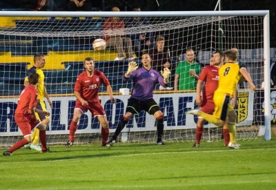 Nick Black puts Tadcaster 3-1 up against Parkgate. Picture: Ian Parker