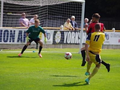 Rocket man: Joe Thornton's thunderous first goal heads for the goal during Tadcaster's  6-3 win over Maltby