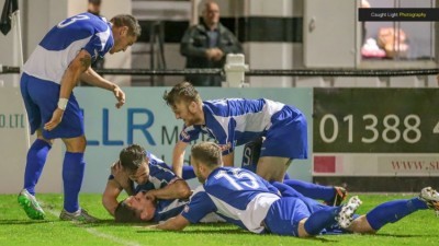 Harrogate celebrate captain Dan Thirkell's goal. Picture: Caught Light Photography