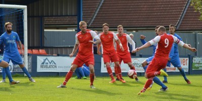 Lee Garside scores his second goal for Stocksbridge at Kidsgrove. Picture: Gillian Handisides 