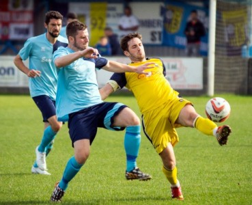 Josh Greening attempts to control the ball in Tadcaster's 3-2 defeat at Barton. Picture: Ian Parker