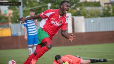 Roy Fogerty turns away after scoring for Harrogate Railway near the end of their win over Radcliffe. Picture: Caught Light Photography 