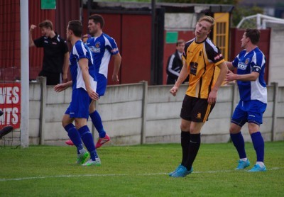 Eddy Birch turns away after scoring Ossett Albion's second goal in the win over Harrogate Railway