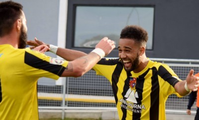 Brendon Daniels celebrates his goal for Harrogate Town. Picture: Craig Hurle