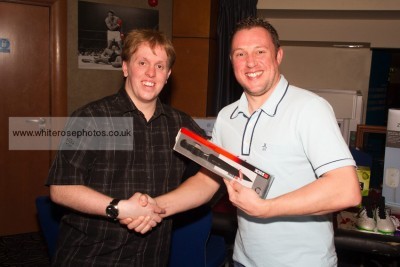 Eccleshill United manager Mark Greaves (right) won an expensive chef's knife at Non League Yorkshire's charity poker tournament.. Picture: White Rose Photos