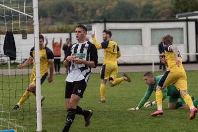 Josh Greening runs off after scoring the last minute winner for Tadcaster at Retford. Picture: Ian Parker