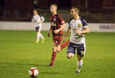 Adam Baker on the attack for Tadcaster during the West Riding County Cup tie at Goole