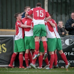 Harrogate Railway celebrate Dan Thirkell's late equaliser. Picture: Caught Light Photography