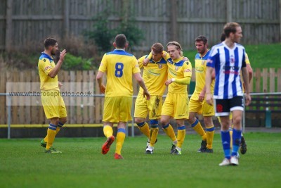 Robbie O'Brien is congratulated after scoring one of two equalisers for Farsley. Picture: WhiteRosePhotos.co.uk