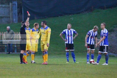 Turning point: Farsley defender Paddy Miller sees red. Picture: WhiteRosePhotos.co.uk